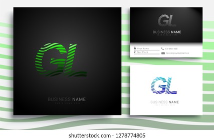 Letter GL logotype with colorful circle, with striped composition letter, sets of business card for company identity, creative industry, web.