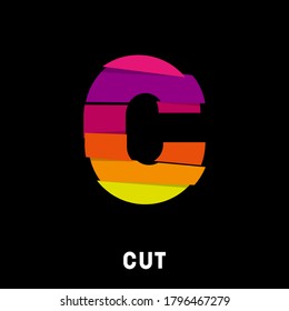 С сut letter. Glitch effect. Typography composition. Print for T-shirt. Fun composition from letters. Poster, cartoon sign. C monogram.