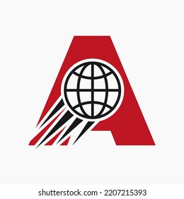 Letra A Concepto De Logotipo Global Con Icono De Mundo En Movimiento. Plantilla de vector de símbolos de logotipo global