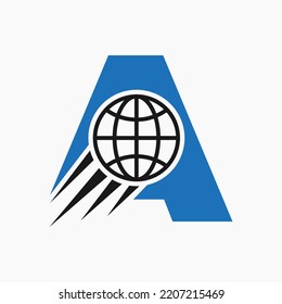 Letter A Global Logo Concept With Moving World Icon. Global Logotype Symbol Vector Template