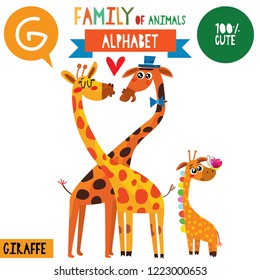 Letter G-Mega big set.Cute vector alphabet with family of animals in cartoon style.