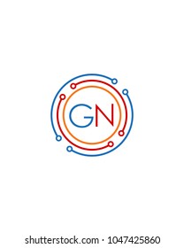 Letter GN logo circle frame monogram, mockup line round border design element, red blu and gray graphic tech geometric shape.