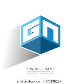 Letter GN logo in hexagon shape and blue background, cube logo with letter design for company identity.
