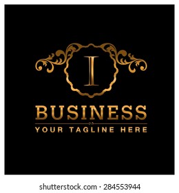 I letter Gold Luxury Logo template flourishes calligraphic elegant ornament lines. Business sign identity for Restaurant, Royalty, Cafe, Hotel, Heraldic, Jewelry, Fashion and other vector illustration