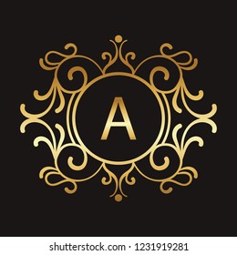 letter A gold, monogram logo, luxurious royal ornament, vector illustration
