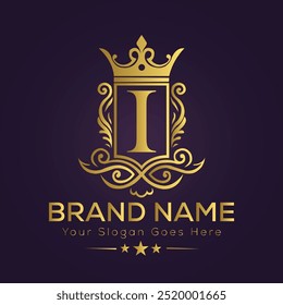 Letra I corona dorada logo Ilustración vectorial.