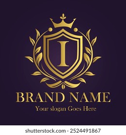Letra I corona dorada logo Ilustración vectorial.
