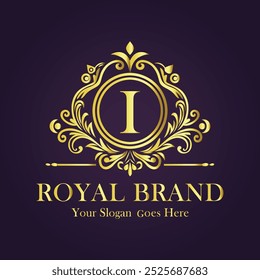 Letra I Ilustración vectorial de logo de flor dorada.
