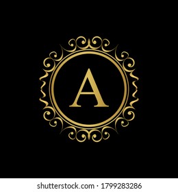 letter A golden  flower  ornament. Vector logo. Monogram alphabet gold . Beautiful floral capital letters
