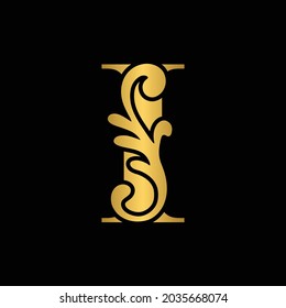 letter I golden flower  ornament. Vector logo. Monogram alphabet. Beautiful floral capital letters
