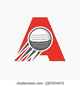 Letra A Concepto De Logotipo De Golf Con Icono De Pelota De Golf En Movimiento. Plantilla de vectores de logotipo de deportes de hockey