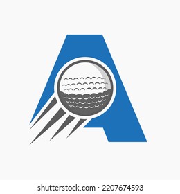 Letter A Golf Logo Concept With Moving Golf Ball Icon. Hockey Sports Logotype Symbol Vector Template