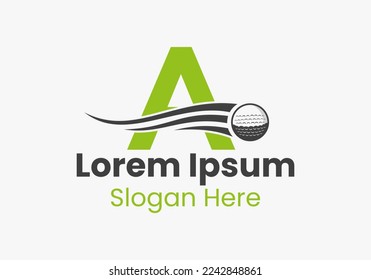 Letter A Golf Logo Concept With Moving Golf Ball Icon. Hockey Sports Logotype Template