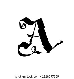 The letter A in the Gothic style. Vector. Latin capital letter symbol A. Company brand and corporate logo. Medieval handwritten font. Ancient lettering and calligraphy. One letter.