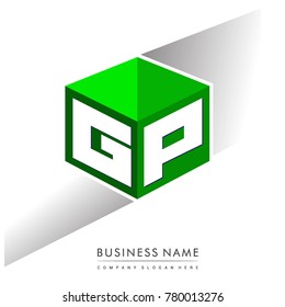 Letter GP logo in hexagon shape and green background, cube logo with letter design for company identity.
