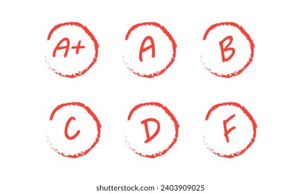 Letter grades icons. Flat, red, school grades icons, A+, A, B, C, D, F grades. Vector icons