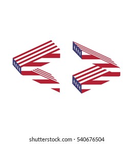 Letter greater less than from 3d with American flag texture wrapped. Volume USA vector font