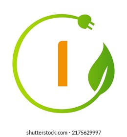 Letter I Green Energy Electrical Plug Logo Template. Electrical Plug Sign Concept with Eco Green Leaf Vector Sign