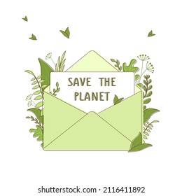 Letter in a green envelope with leaves "Save the planet"