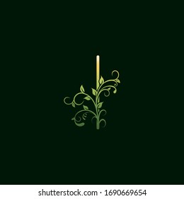 I Letra Green Floral Inicial Icono. Concepto de diseño vectorial adornado con floral abstracto tipográfico para letras decorativas señalización inicial con elementos de hoja floral giratoria vintage, elegante, de estilo lujoso