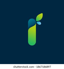 Letter I green gradient eco logo. Vector one line colorful typeface for agriculture branding design, spring labels, garden posters, environment identity etc.