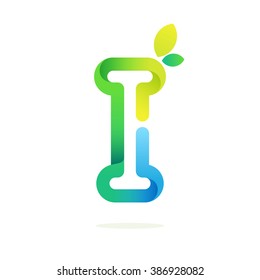 I letter with green leaves eco logo. Font style, vector design template elements for your application or corporate identity.