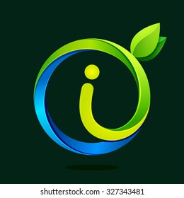 I letter with green leaves and water waves. Vector design template elements for your ecology application or corporate identity.