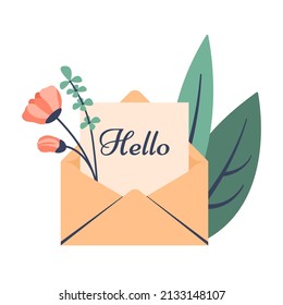 Carta de saludo. Sobre abierto con letra, hermosas flores primaverales, hojas. Concepto de leer buenas noticias, reanudar, mirar por correo, obtener buenas noticias. Ilustración de dibujos animados planos vectoriales