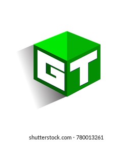 Letter GT logo in hexagon shape and green background, cube logo with letter design for company identity.
