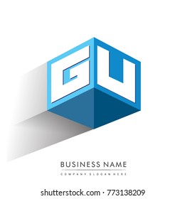 Letter GU logo in hexagon shape and blue background, cube logo with letter design for company identity.
