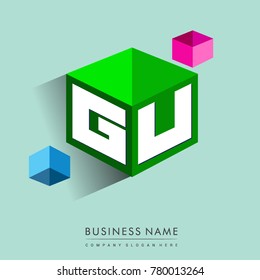 Letter GU logo in hexagon shape and green background, cube logo with letter design for company identity.
