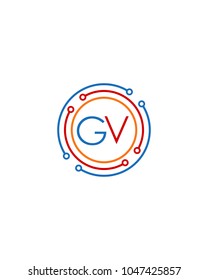 Letter GV logo circle frame monogram, mockup line round border design element, red blu and gray graphic tech geometric shape.