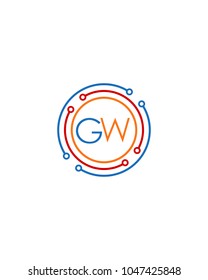 Letter GW logo circle frame monogram, mockup line round border design element, red blu and gray graphic tech geometric shape.