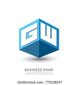 Letter GW logo in hexagon shape and blue background, cube logo with letter design for company identity.
