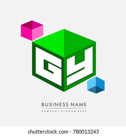 Letter GY logo in hexagon shape and green background, cube logo with letter design for company identity.
