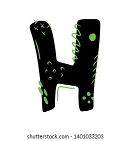 Letter H - abstract vector black font with green dots, stripes, lines, spots. Abc, alphabet isolated on white background. Perfect illustration for your design - print, poster, card, logo, label