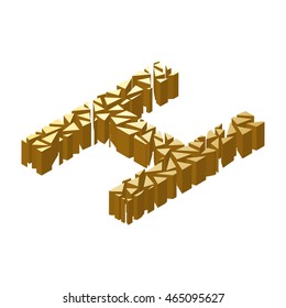 The letter H, in the alphabet broken 3d perspective isometric set gold color isolated on white background