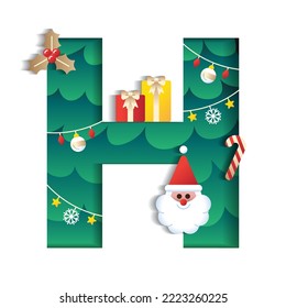 Letter H Alphabet Font Cute Merry Christmas Concept Santa Claus Candy Cane Gift Box Christmas Tree Character Font Christmas Element Cartoon Green 3D Paper Layer Cutout Card Vector Illustration