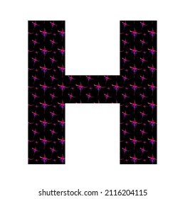 letter H of the alphabet made with a pattern of pink fuchsia flowers on a black background, isolated on white background, vector. with colors pink, red, purple, black and white