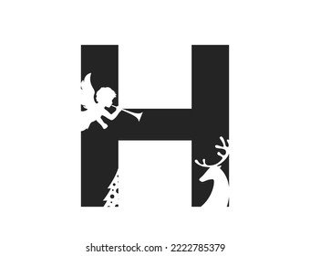 letter h and angel  deer   christmas tree  element for Christmas   New Year alphabet design  isolated vector image