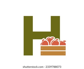 letter h with apple crate. fruit and organic food alphabet logo symbol. harvest and gardening design. isolated vector image
