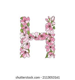 Letter H of apple tree flowers. Vector alphabet