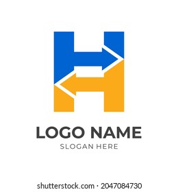 letter H arrow logo design, letter H and arrow, combination logo with flat blue and yellow color style