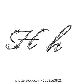 letter H Barbed wire hand drawing vector isolated on white background.