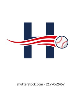 Letter H Baseball Logo Concept With Moving Baseball Icon Vector Template