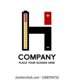 Letter H battery vector logo template. Alphabet graphic with current positive and negative symbol. Black, red and yellow color. This logo is suitable for electric, technology, power and energy supply.