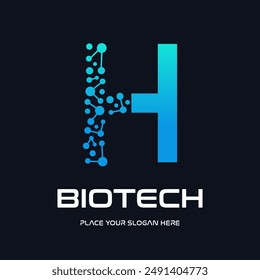 Letter H biotechnology vector logo template. This logo use molecule symbol. Suitable for biology and chemistry.