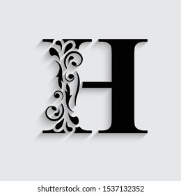 letter H. Black flower alphabet.  Beautiful capital letters with shadow