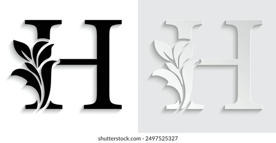 letter H Black flower alphabet. Beautiful capital letters with shadow