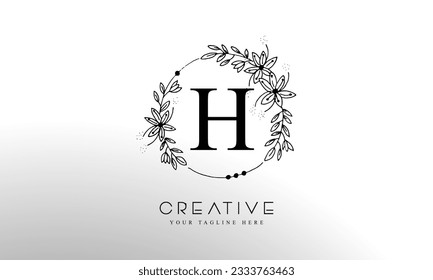 Letter H Botanical Flowers . Initial Wedding Monogram Font Logo. Circle Floral Logo